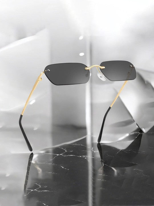 Black Rimless Rectangle Sunglasses – UV Protected, Unisex