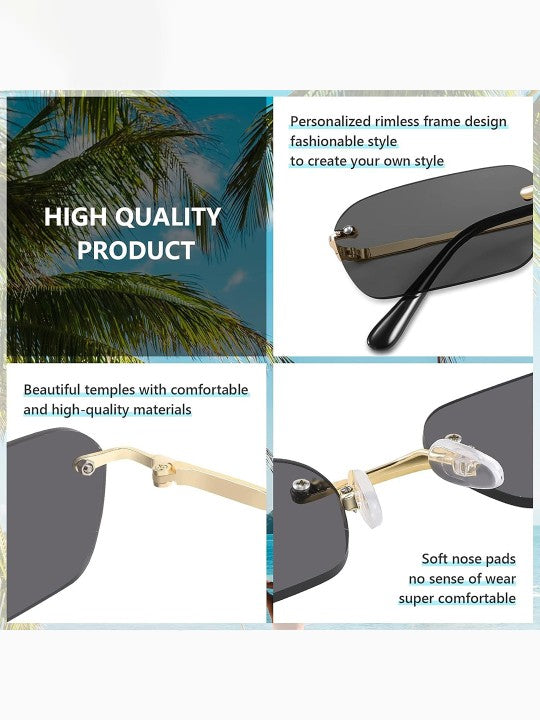 Black Rimless Rectangle Sunglasses – UV Protected, Unisex