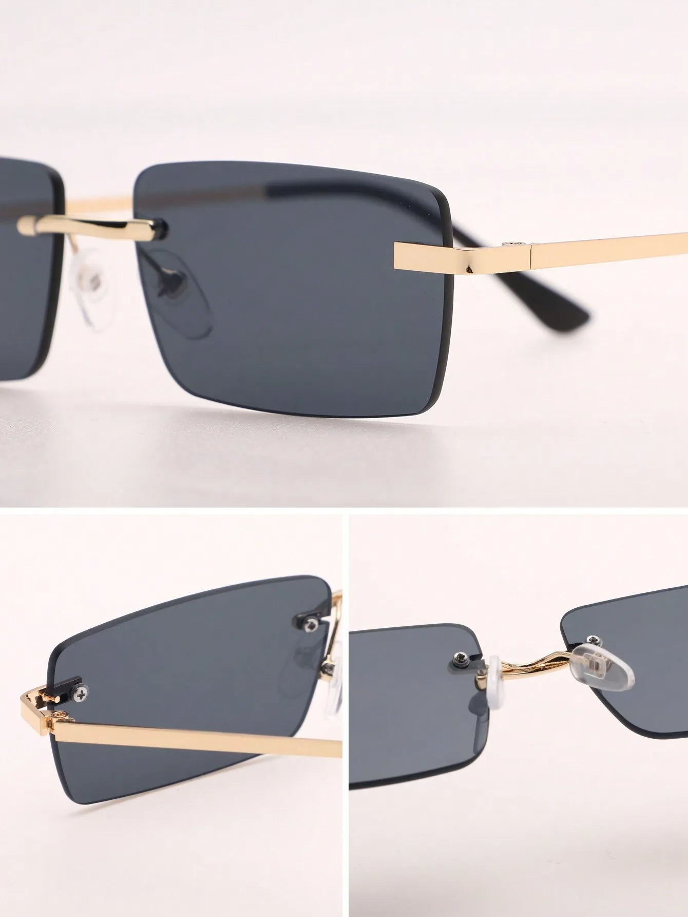 Close-up details of Bondex rimless sunglasses with gold temples and dark rectangular lenses