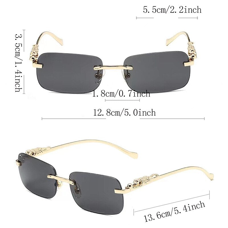Sunglass Lover rimless sunglasses for men with black lenses and gold temples detailed with dragon design