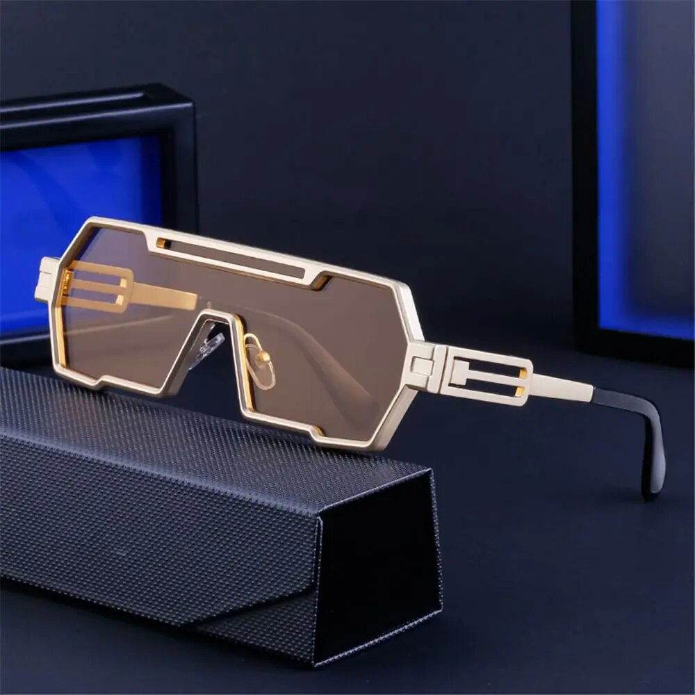 Sunglass Lover gold geometric frame with brown shield lens on black case square vintage punk sunglasses