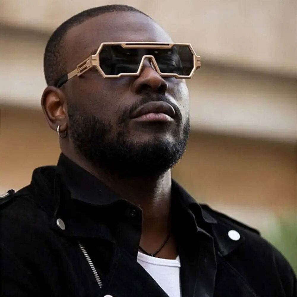 Sunglass Lover square vintage punk sunglasses gold geometric frame on male model for bold street style