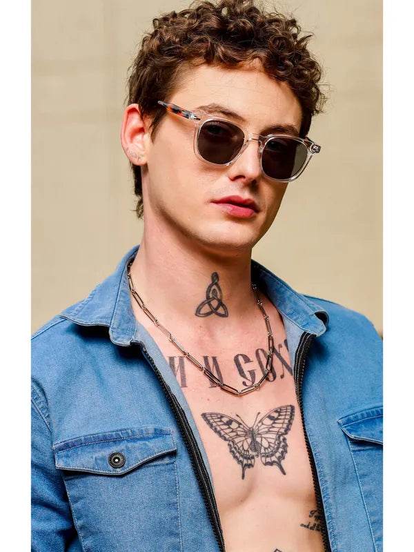 Man wearing black oval sunglasses for men by Sunglass Lover with clear acetate frame and casual denim look