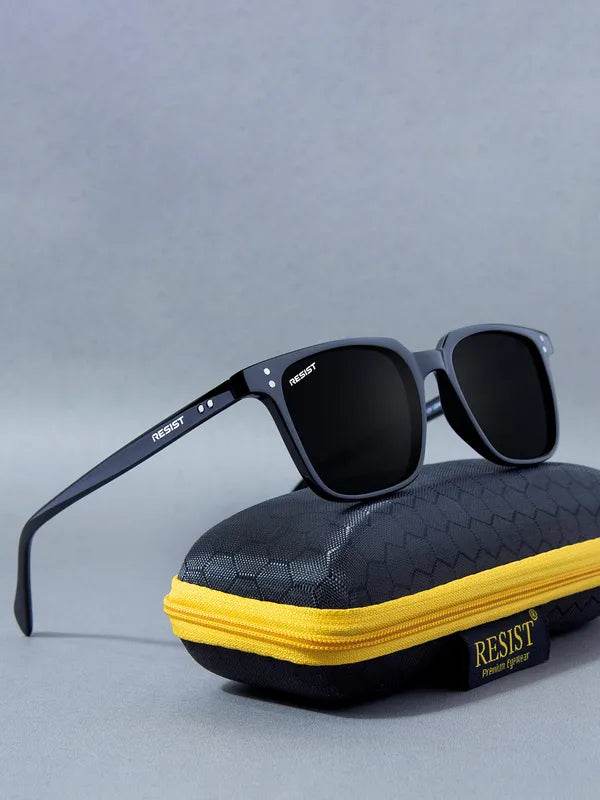 Sunglass Lover small black rectangle sunglasses matte frame with dark lenses displayed on protective zip case