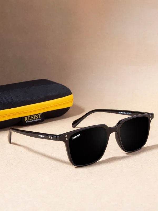 Sunglass Lover small black rectangle sunglasses with matte black frame and yellow zip case