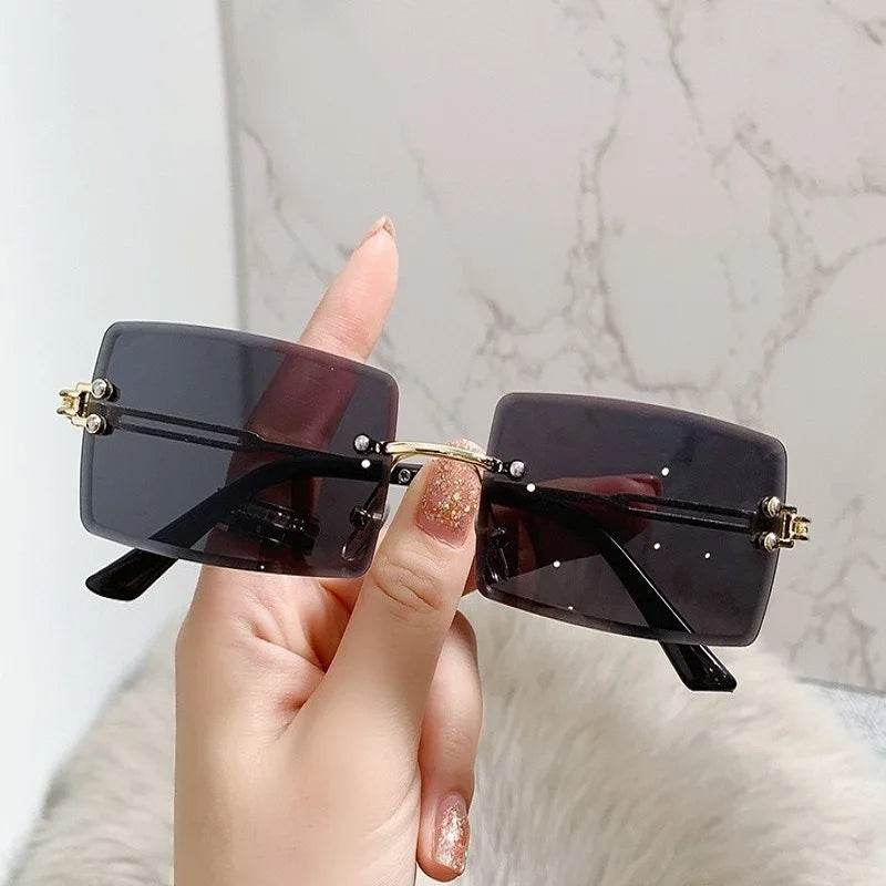 Sunglass Lover rimless sunglasses for men rectangular dark tinted lenses with gold accents