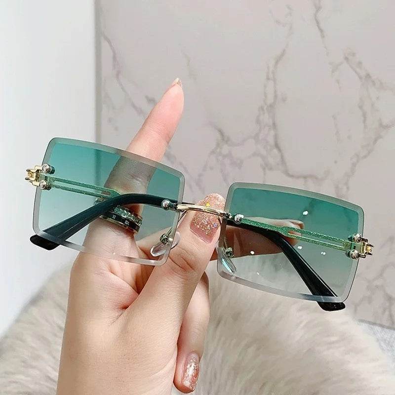 Sunglass Lover rimless sunglasses for men green gradient square lenses with gold bridge and black temples