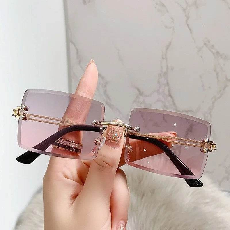 Sunglass Lover rimless sunglasses for men pink square gradient lenses gold frame black temple tips