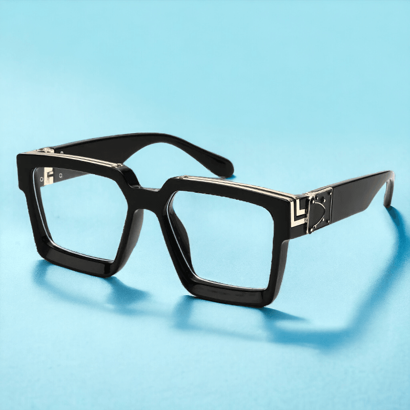 Black oversized square eyeglasses frames with metal hinge detail on blue background oversized eyeglasses for men and women