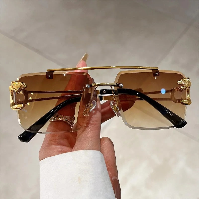 Jim Jack double bridge sunglasses rimless design with brown gradient lenses and gold accents