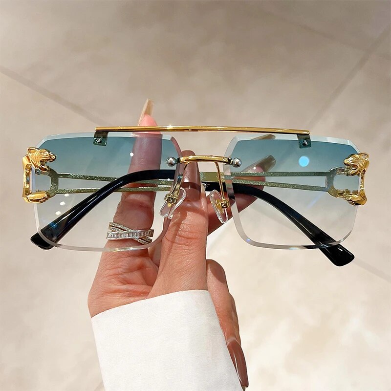 Jim Jack double bridge sunglasses rimless design with gold frame and blue gradient lenses
