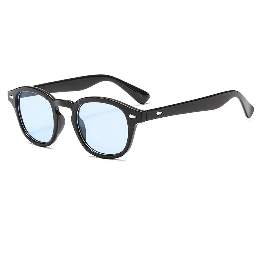 Sunglass Lover vintage rivet round sunglasses with black frame and blue tinted lenses