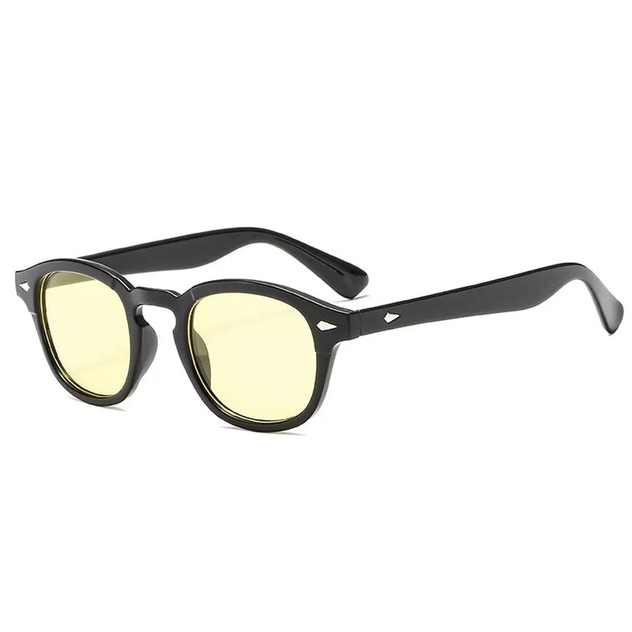 Sunglass Lover vintage rivet round sunglasses with black frame and yellow tinted lenses