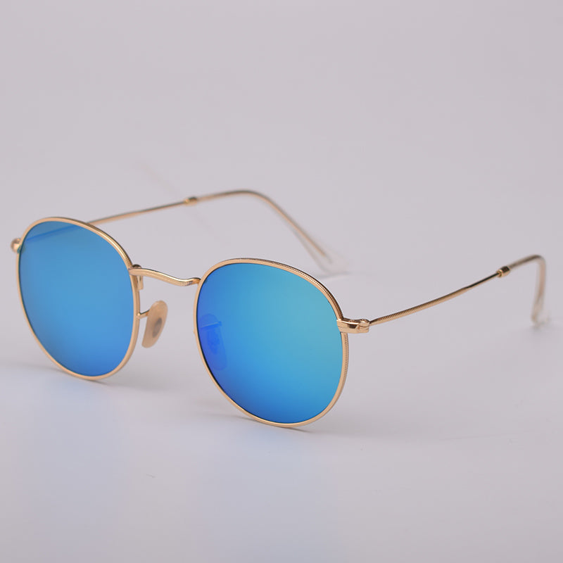 Round sunglasses with blue mirrored lenses and gold frames vintage style sunglasses online