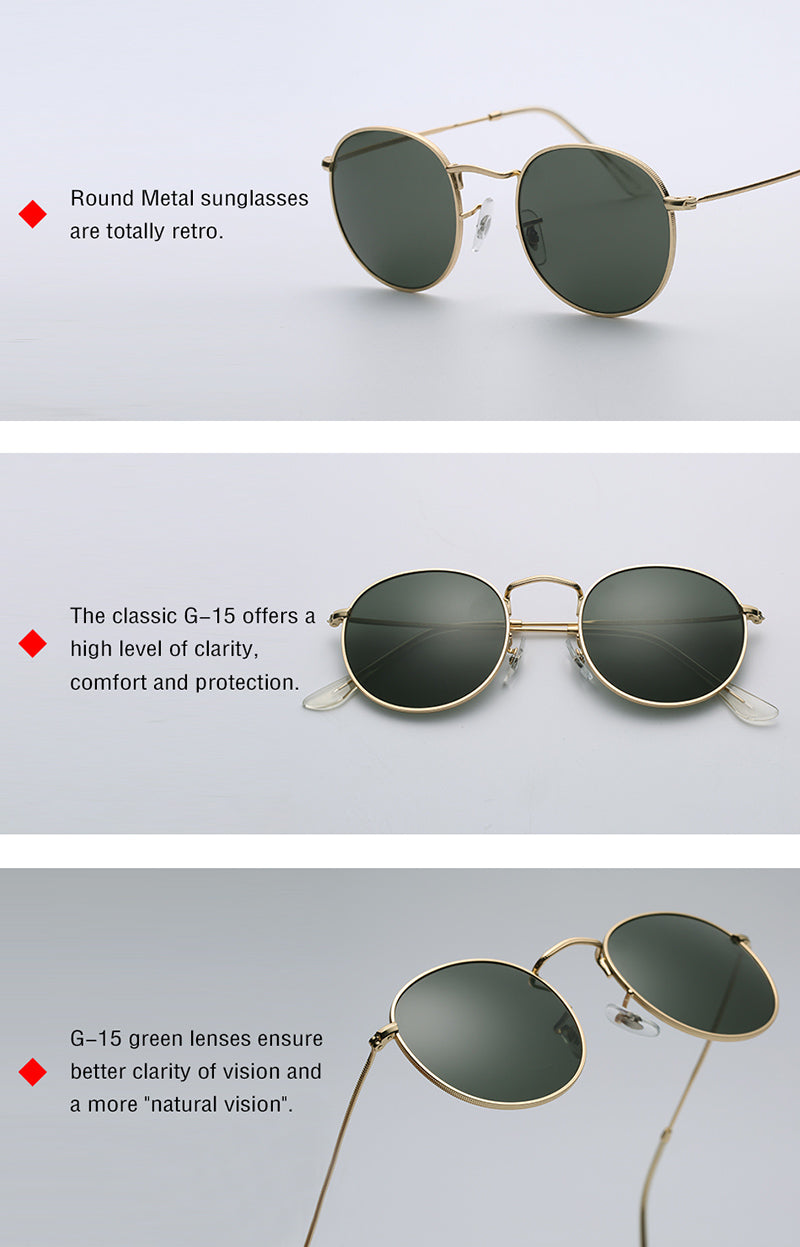 Sunglass Lover vintage style sunglasses online round metal frames with green G-15 lenses for retro look and clear vision