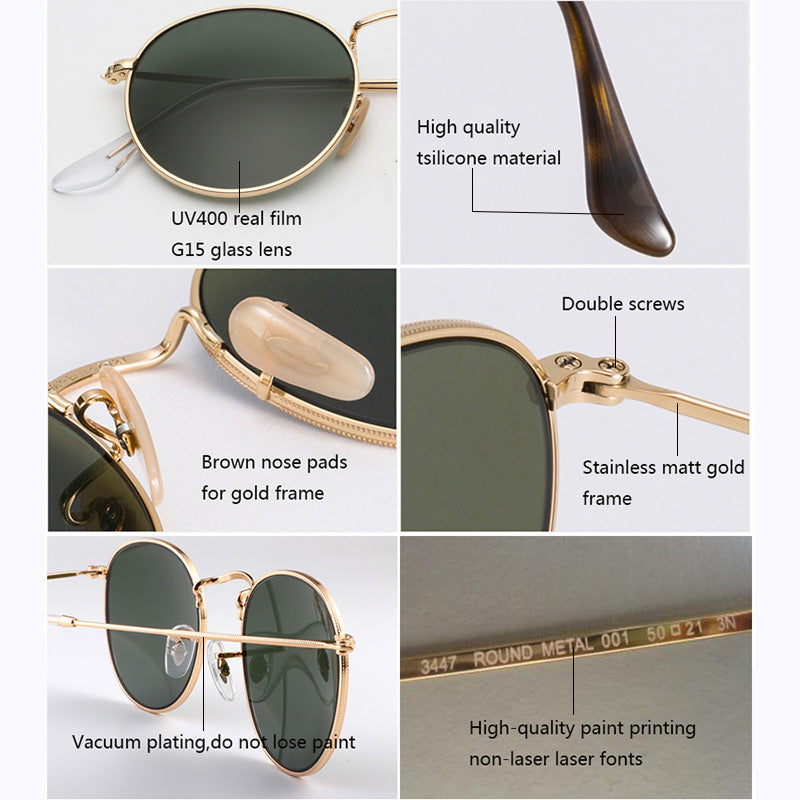 Vintage style sunglasses online by Sunglass Lover with round green G15 lenses and gold frame details