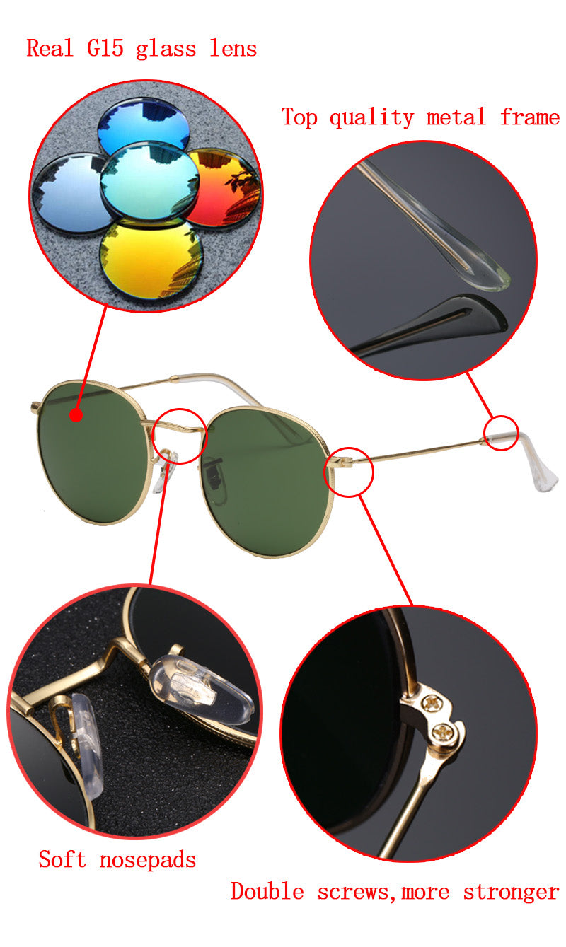 Round sunglasses with vintage style sunglasses online featuring real G15 glass lenses and metal frame