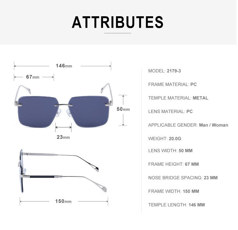  Oversize Square Rimless Fashion Sunglasses 
