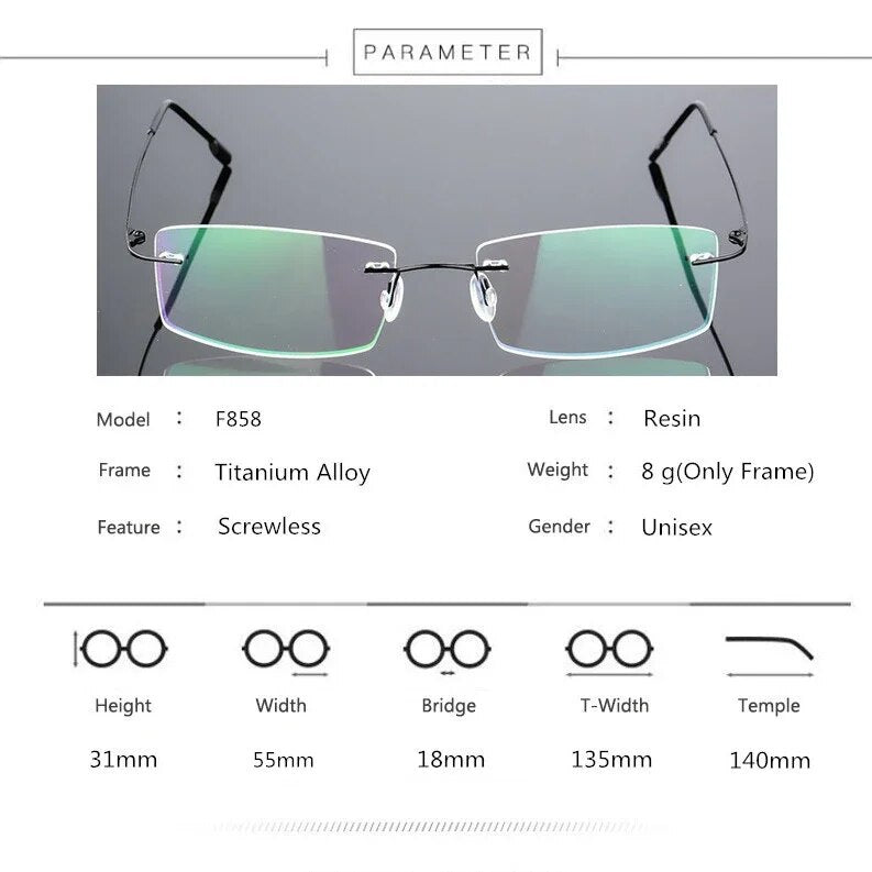  Ultra Light Pure Titanium Women Optical Frame Rimless Glasses 
