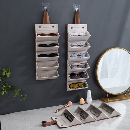 Portable Glasses Organizer 5 Grids Multi-slot Eyeglasses Storage Display Travel Folding Sunglasses PU Leather Case Home Storage 