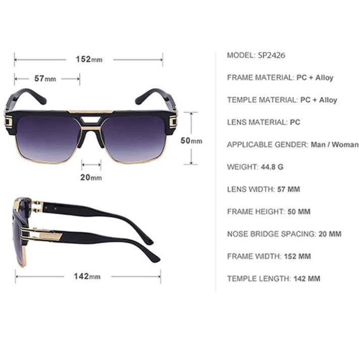 Trendy Luxury Men Sunglasses Square Large Frame Mirror Gradient Clear Lens Metal Shades 