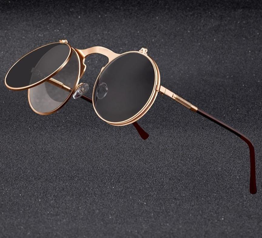 Vintage Retro Round Steampunk Flip Up Sunglasses 