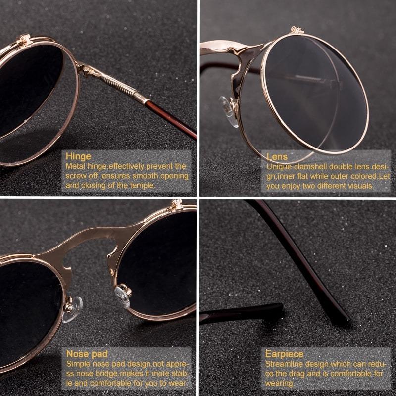 Vintage Retro Round Steampunk Flip Up Sunglasses 