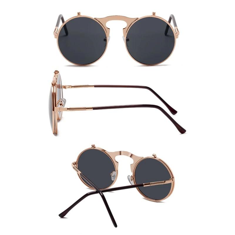 Vintage Retro Round Steampunk Flip Up Sunglasses 
