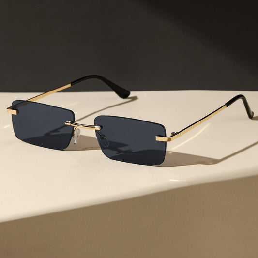 Bondex rimless sunglasses with rectangular dark lenses and gold temples from Sunglass Lover