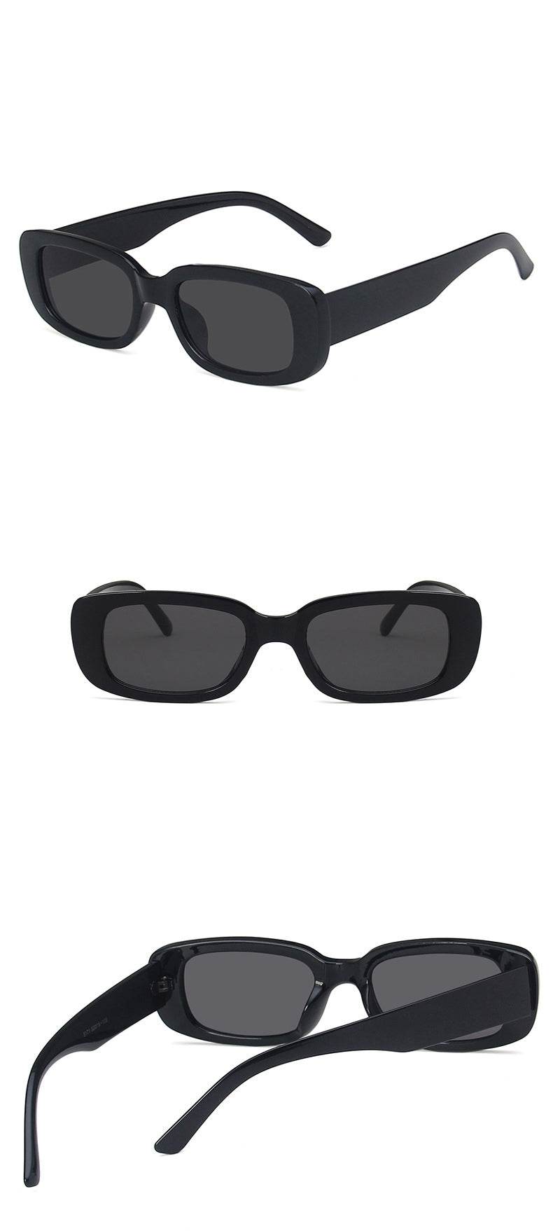 Sunglass Lover black small rectangle sunglasses for women in three angled views showing frames and dark lenses