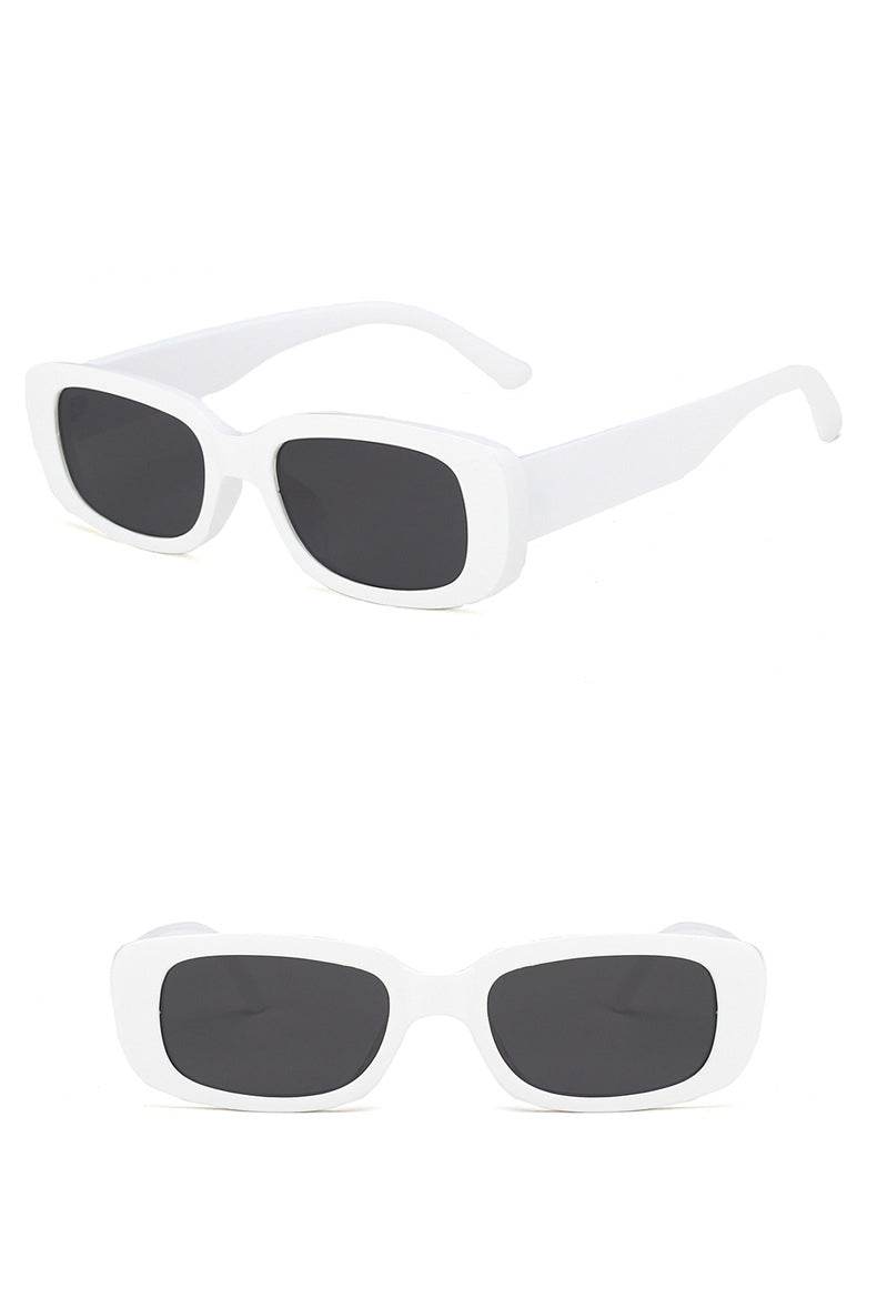 Sunglass Lover white small rectangle sunglasses for women with black lenses and slim arms