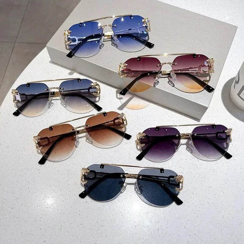 Sunglass Lover pilot display of six retro aviator sunglasses for men and women in gradient blue purple brown lenses