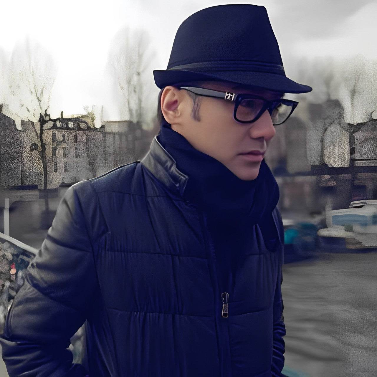 Stylish man in black fedora and coat wearing black acetate eyeglasses outdoors buy unisex acetate glasses India