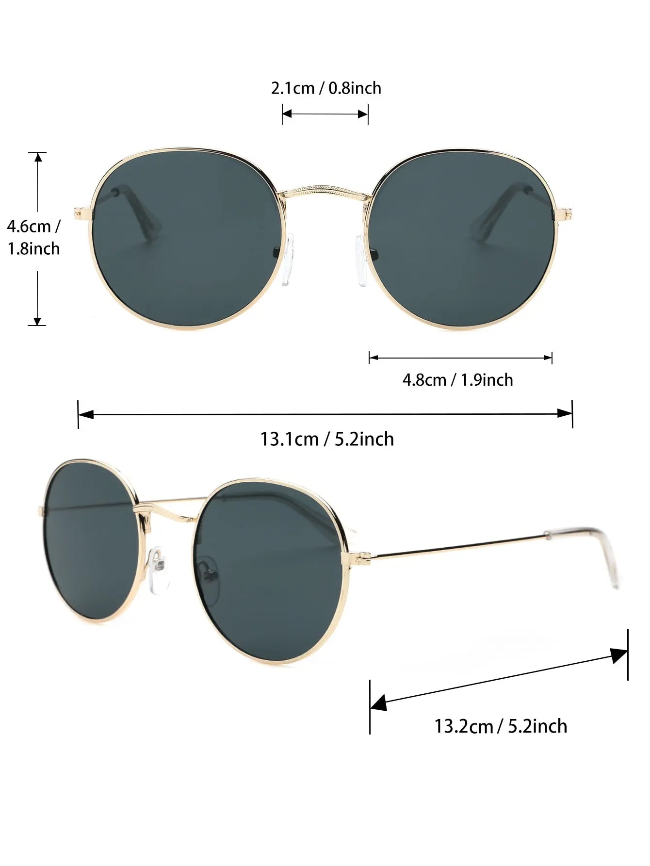 Oval sunglasses for men by Sunglass Lover with gold frames and dark lenses showing dimensions