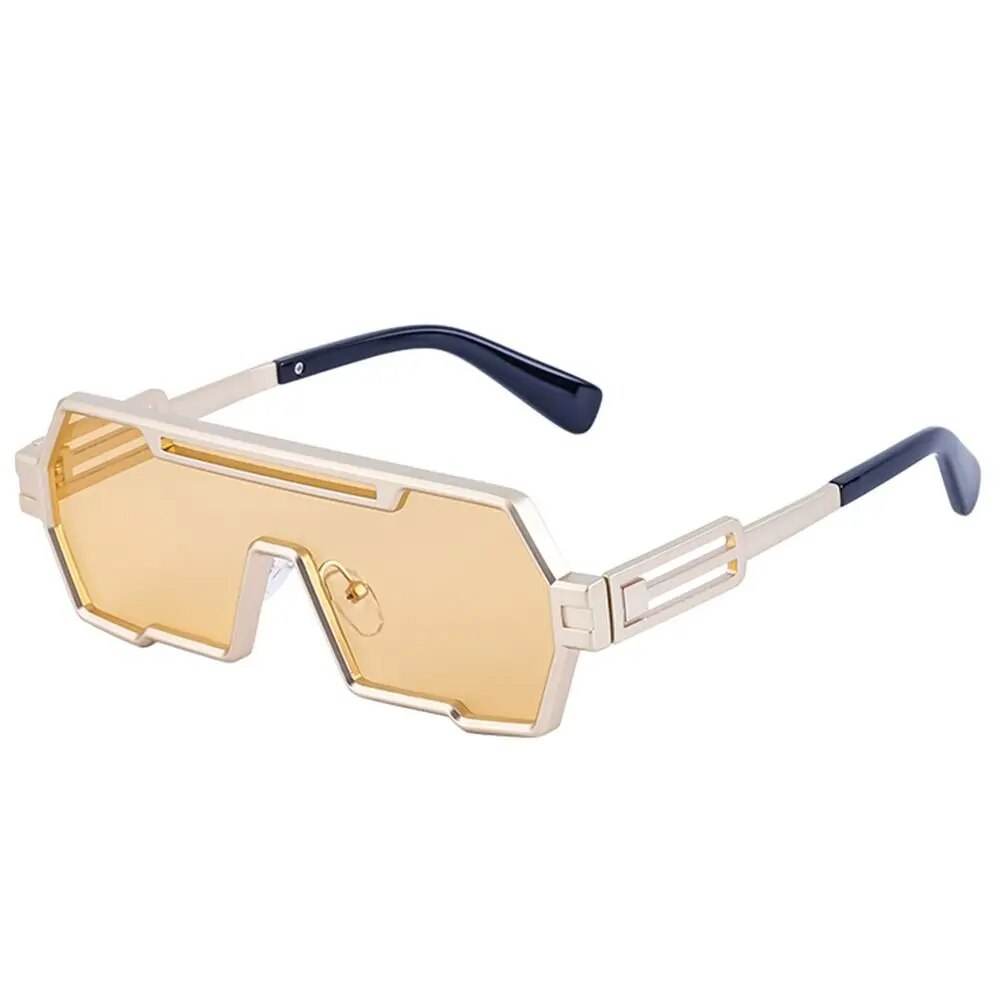 Sunglass Lover square vintage punk sunglasses gold geometric frame amber shield lens with cutout metal temples