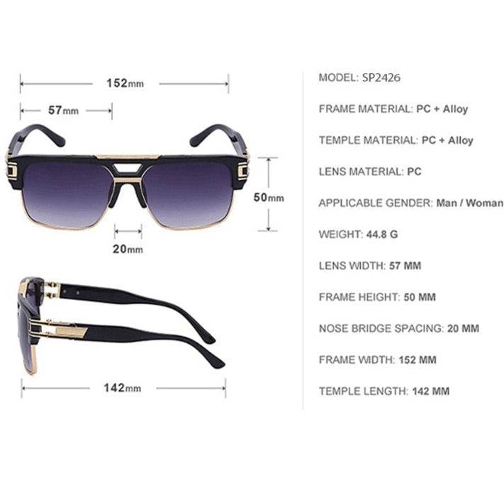 Sunglass Lover luxury men's square sunglasses black frame with gold accents gradient lenses and size specs