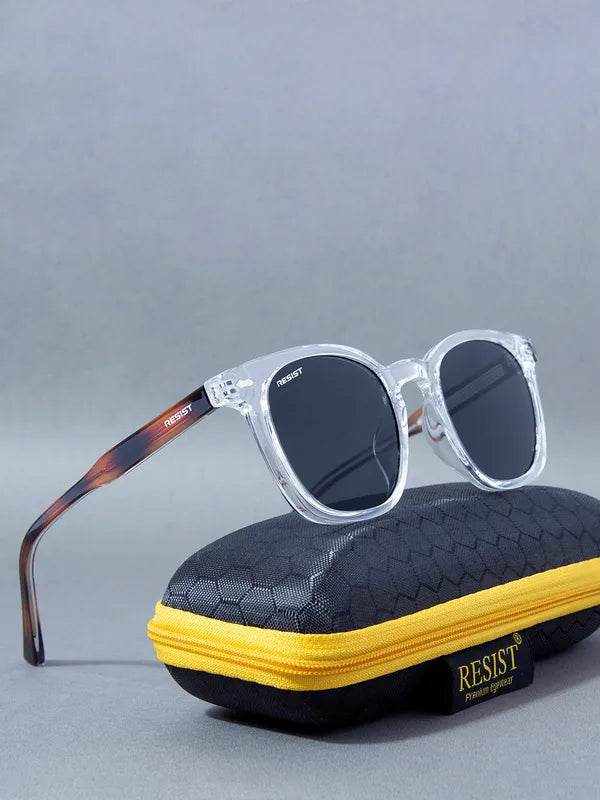 Clear frame square sunglasses with black lenses on yellow zip case Sunglass Lover black oval sunglasses for men
