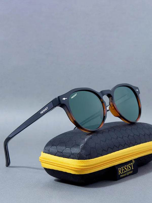 Marc oval green sunglasses round tortoiseshell frames with green lenses resting on black case with yellow zipper