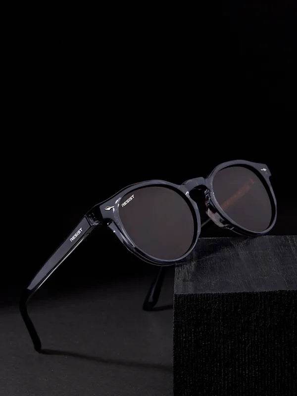 Sunglass Lover Marc oval green sunglasses with black round frame and dark lenses on black background