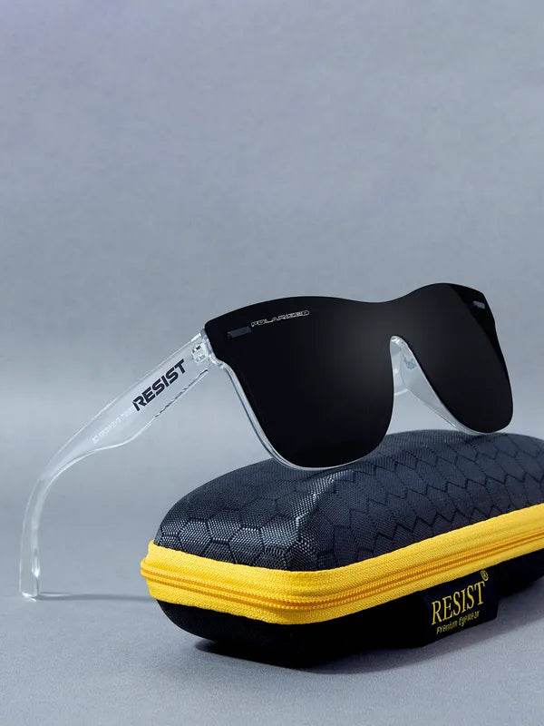 Risen Blaze Weyfarer sunglasses clear frame with black shield lenses on black travel case with yellow zipper