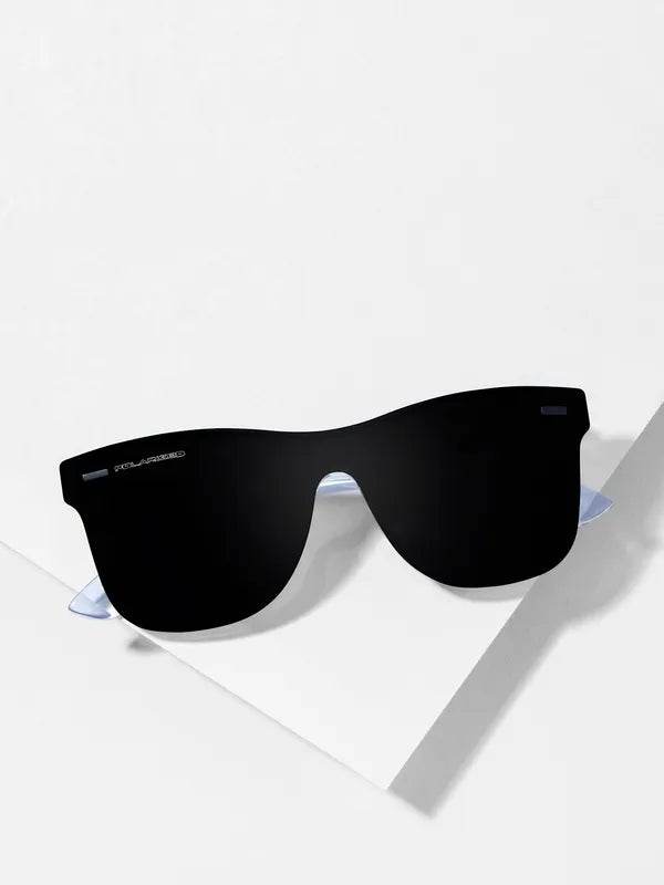 Risen Blaze Weyfarer sunglasses Sunglass Lover rimless black shield lenses with translucent blue temples for UV protection