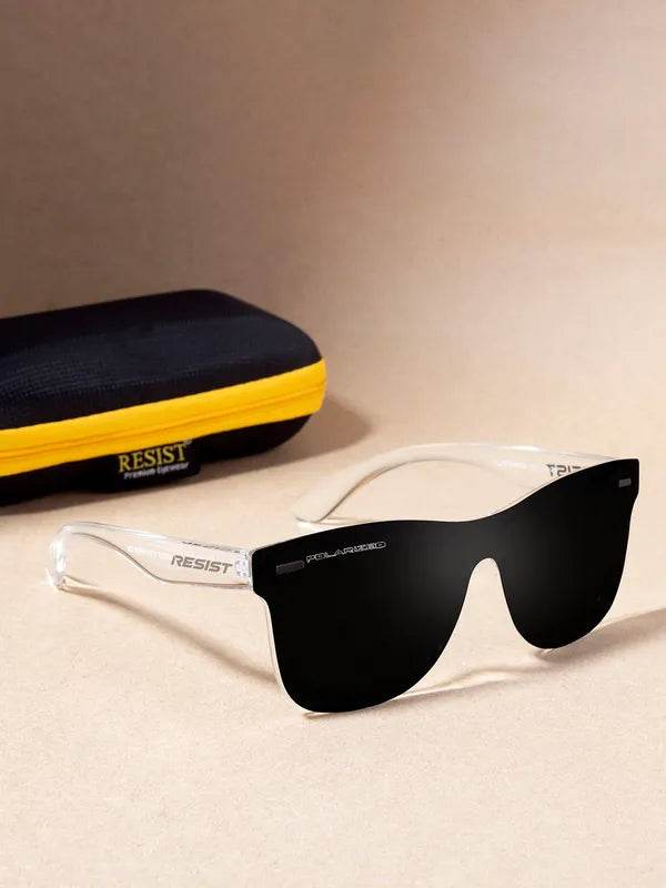 Sunglass Lover Risen Blaze Weyfarer sunglasses clear frame black shield lenses with protective case