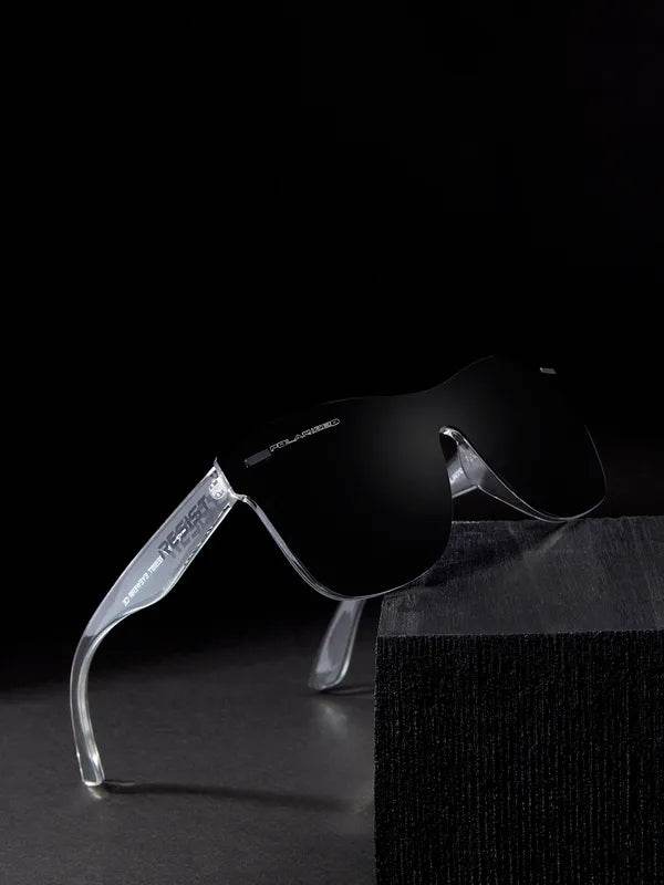 Sunglass Lover Risen Blaze Weyfarer sunglasses black shield lens with clear temples modern wraparound style