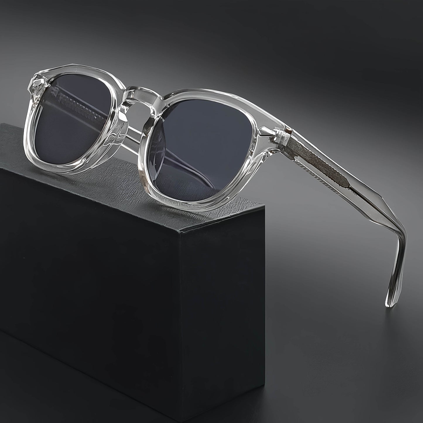 Sunglass Lover steampunk round sunglasses clear transparent frames dark gray lenses metal temples