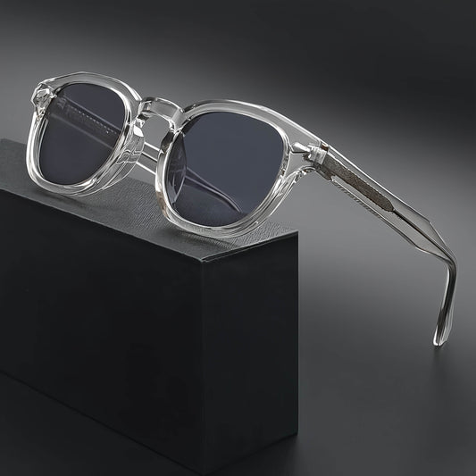 Sunglass Lover steampunk round sunglasses clear transparent frames dark gray lenses metal temples