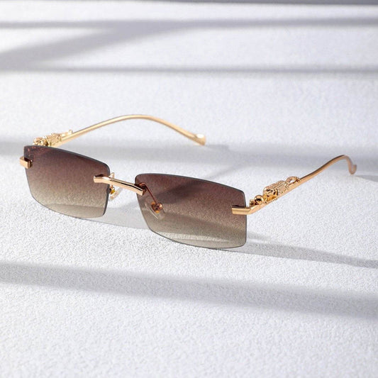 Sunglass Lover rimless rectangle sunglasses with brown gradient lenses and gold ornate temples