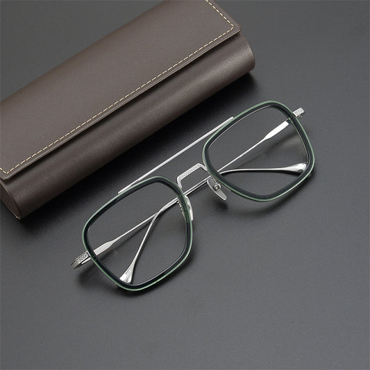 Square eyeglasses in Tony Stark style eyeglasses design with green frame and silver temples by Sunglass Lover