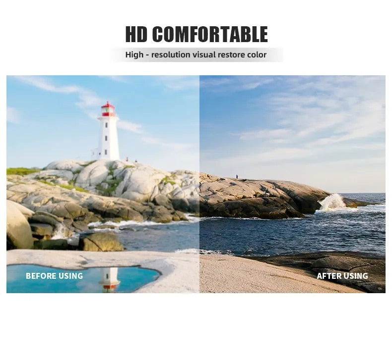 Sunglass Lover ad showing lighthouse color comparison before and after wearing men's gradient frame sunglasses online
