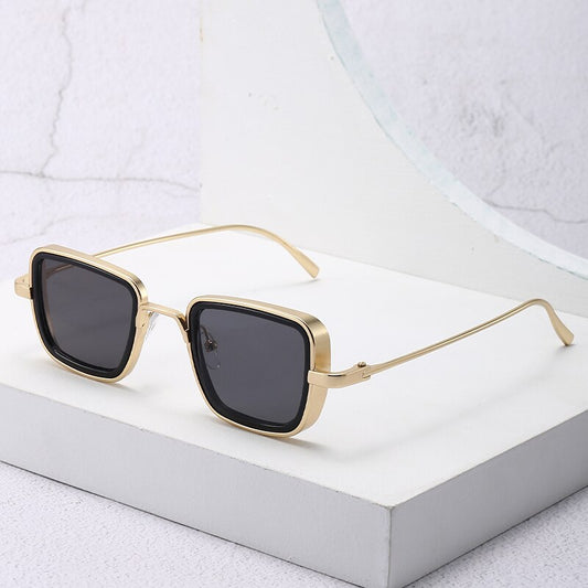 Sunglass Lover square gold frame vintage steampunk sunglasses with dark lenses on white display
